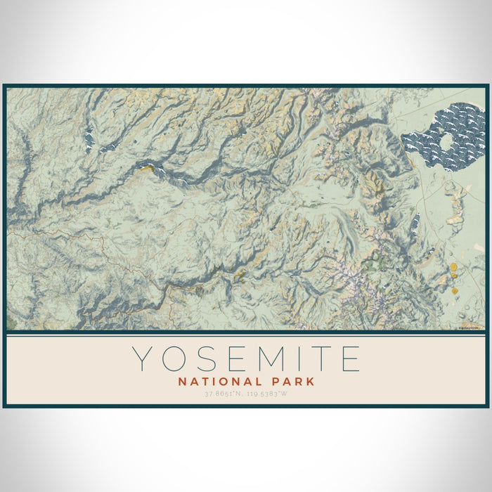 Yosemite National Park Map Print Landscape Orientation in Woodblock Style With Shaded Background