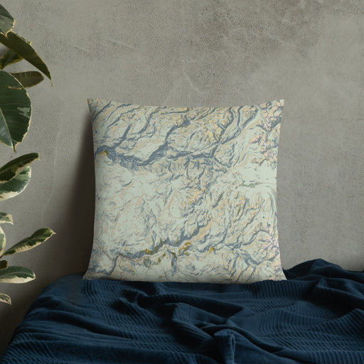 Custom Yosemite National Park Map Throw Pillow in Woodblock on Bedding Against Wall