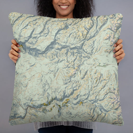 Person holding 22x22 Custom Yosemite National Park Map Throw Pillow in Woodblock