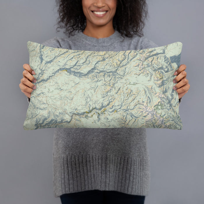 Person holding 20x12 Custom Yosemite National Park Map Throw Pillow in Woodblock