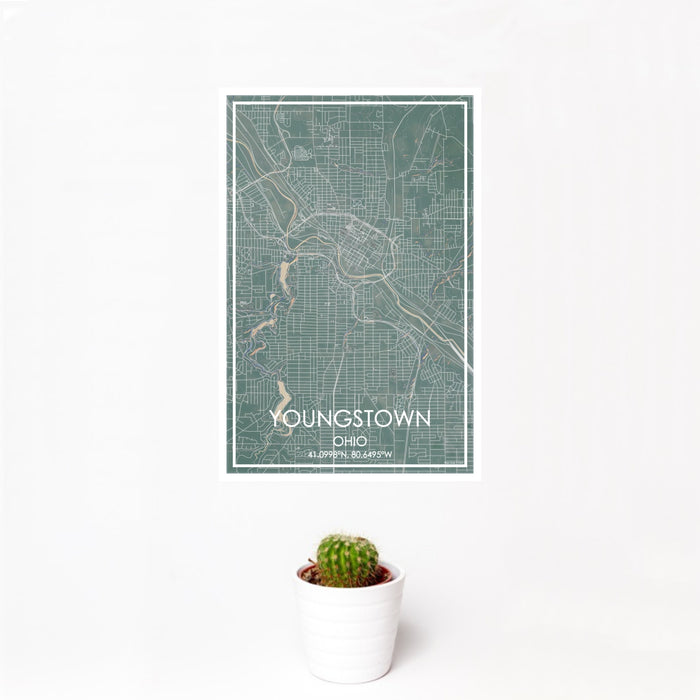 12x18 Youngstown Ohio Map Print Portrait Orientation in Afternoon Style With Small Cactus Plant in White Planter