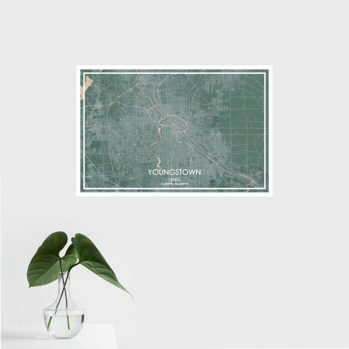 16x24 Youngstown Ohio Map Print Landscape Orientation in Afternoon Style With Tropical Plant Leaves in Water