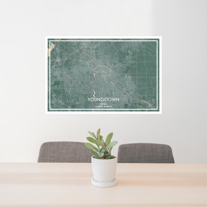 24x36 Youngstown Ohio Map Print Lanscape Orientation in Afternoon Style Behind 2 Chairs Table and Potted Plant