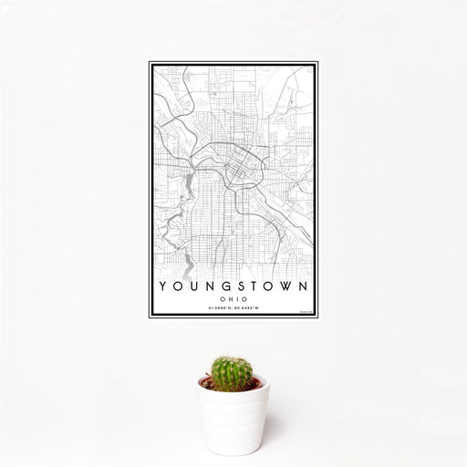 12x18 Youngstown Ohio Map Print Portrait Orientation in Classic Style With Small Cactus Plant in White Planter