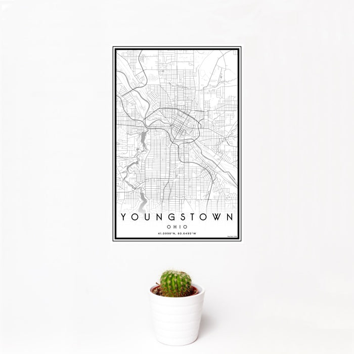 12x18 Youngstown Ohio Map Print Portrait Orientation in Classic Style With Small Cactus Plant in White Planter