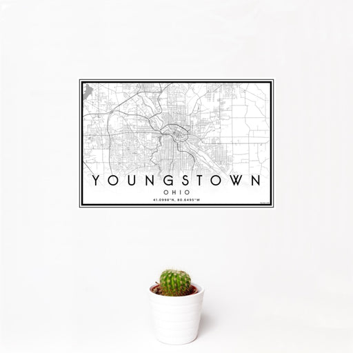 12x18 Youngstown Ohio Map Print Landscape Orientation in Classic Style With Small Cactus Plant in White Planter