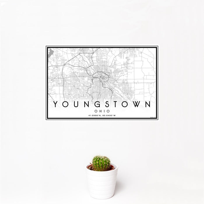 12x18 Youngstown Ohio Map Print Landscape Orientation in Classic Style With Small Cactus Plant in White Planter