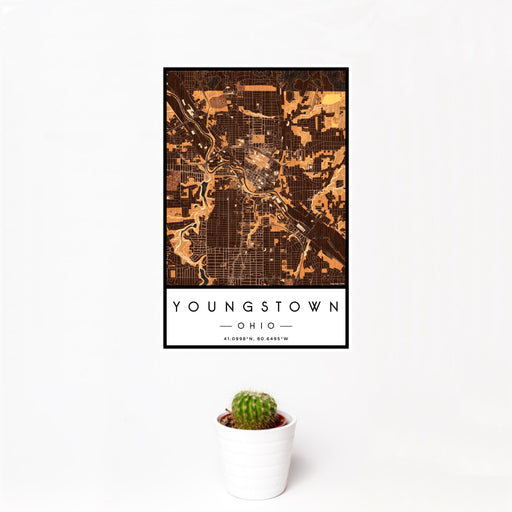 12x18 Youngstown Ohio Map Print Portrait Orientation in Ember Style With Small Cactus Plant in White Planter