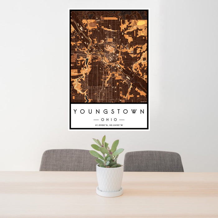 24x36 Youngstown Ohio Map Print Portrait Orientation in Ember Style Behind 2 Chairs Table and Potted Plant