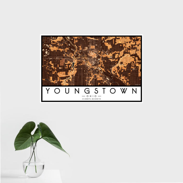 16x24 Youngstown Ohio Map Print Landscape Orientation in Ember Style With Tropical Plant Leaves in Water