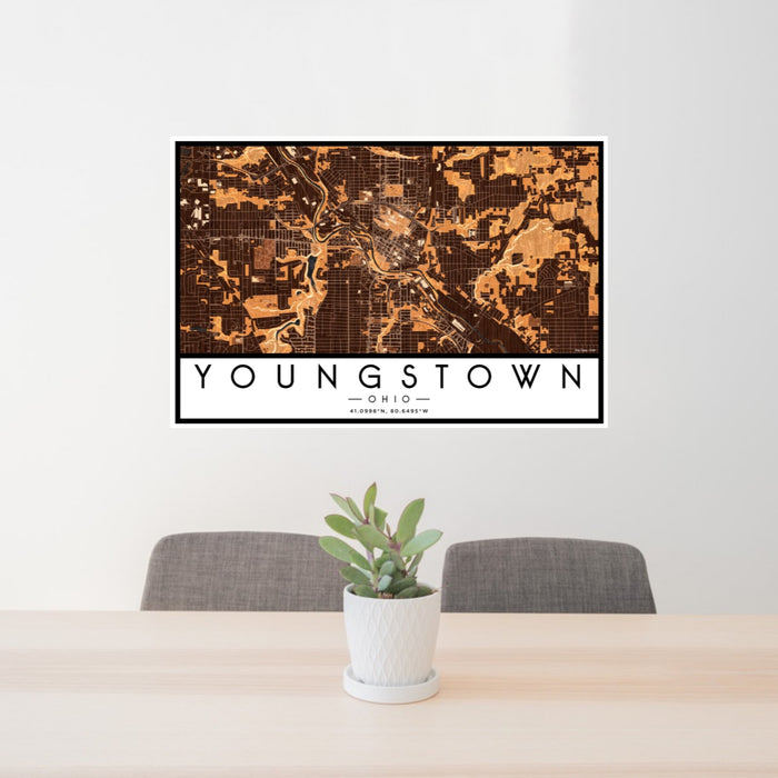 24x36 Youngstown Ohio Map Print Landscape Orientation in Ember Style Behind 2 Chairs Table and Potted Plant