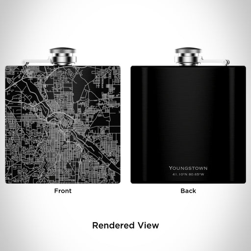 Rendered View of Youngstown Ohio Map Engraving on 6oz Stainless Steel Flask in Black