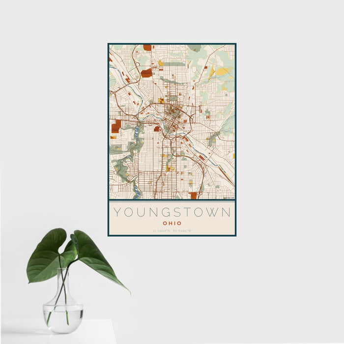 16x24 Youngstown Ohio Map Print Portrait Orientation in Woodblock Style With Tropical Plant Leaves in Water