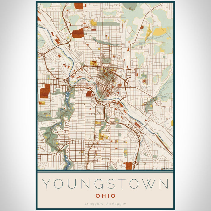 Youngstown Ohio Map Print Portrait Orientation in Woodblock Style With Shaded Background