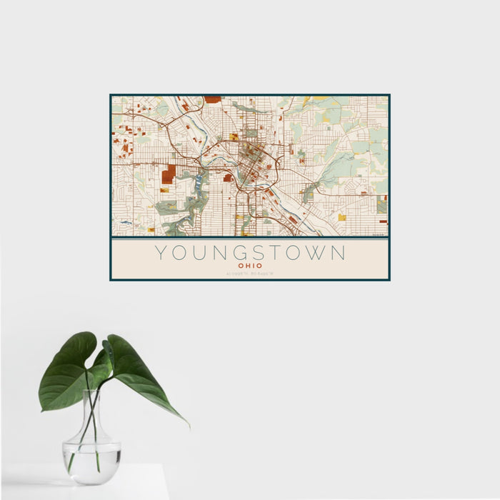 16x24 Youngstown Ohio Map Print Landscape Orientation in Woodblock Style With Tropical Plant Leaves in Water