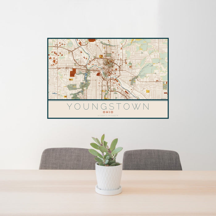 24x36 Youngstown Ohio Map Print Landscape Orientation in Woodblock Style Behind 2 Chairs Table and Potted Plant