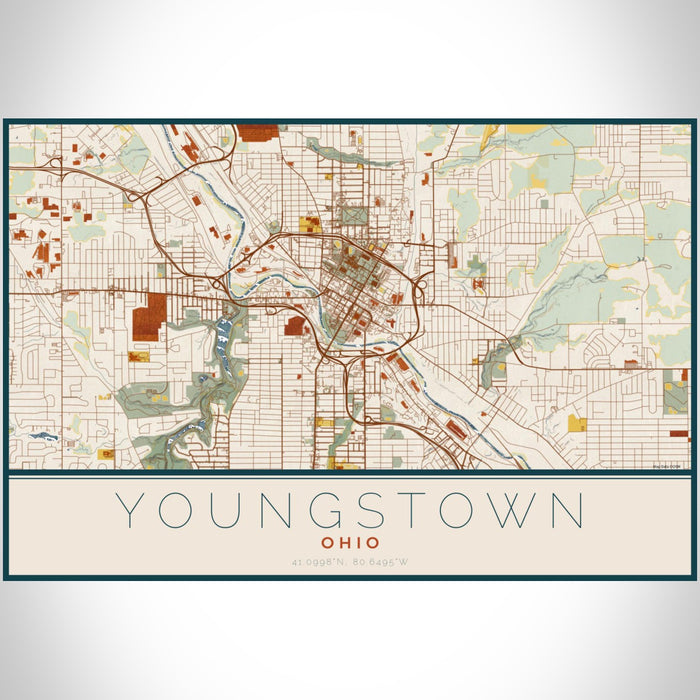 Youngstown Ohio Map Print Landscape Orientation in Woodblock Style With Shaded Background