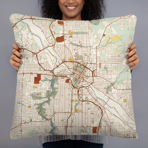 Person holding 22x22 Custom Youngstown Ohio Map Throw Pillow in Woodblock