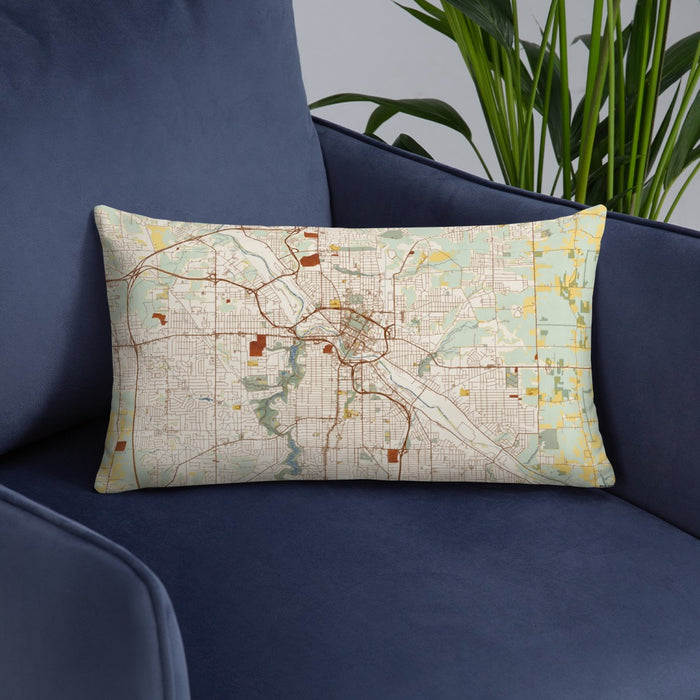 Custom Youngstown Ohio Map Throw Pillow in Woodblock on Blue Colored Chair