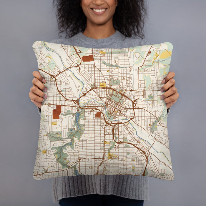 Person holding 18x18 Custom Youngstown Ohio Map Throw Pillow in Woodblock