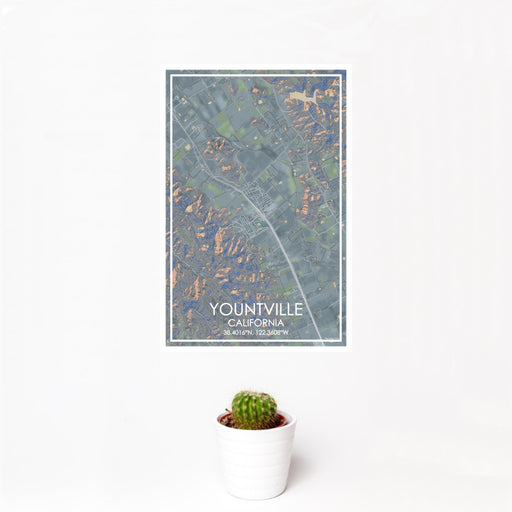 12x18 Yountville California Map Print Portrait Orientation in Afternoon Style With Small Cactus Plant in White Planter