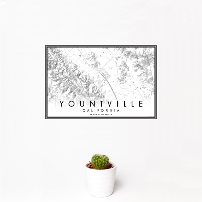 12x18 Yountville California Map Print Landscape Orientation in Classic Style With Small Cactus Plant in White Planter