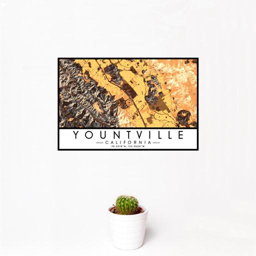 12x18 Yountville California Map Print Landscape Orientation in Ember Style With Small Cactus Plant in White Planter