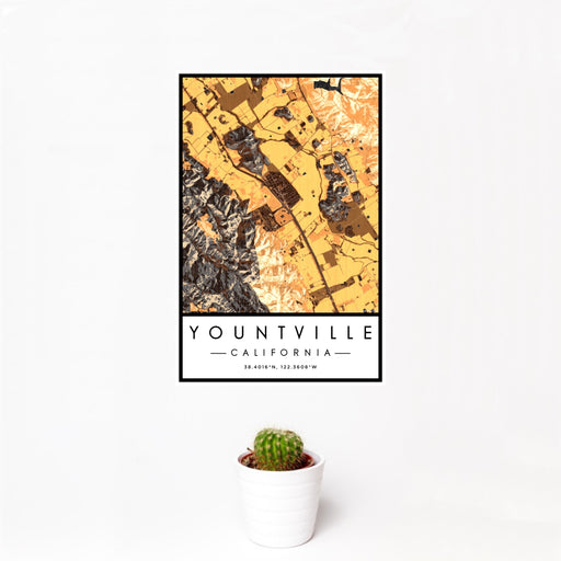 12x18 Yountville California Map Print Portrait Orientation in Ember Style With Small Cactus Plant in White Planter