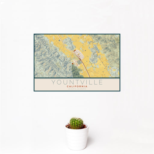12x18 Yountville California Map Print Landscape Orientation in Woodblock Style With Small Cactus Plant in White Planter