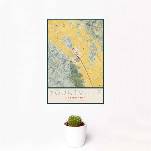 12x18 Yountville California Map Print Portrait Orientation in Woodblock Style With Small Cactus Plant in White Planter