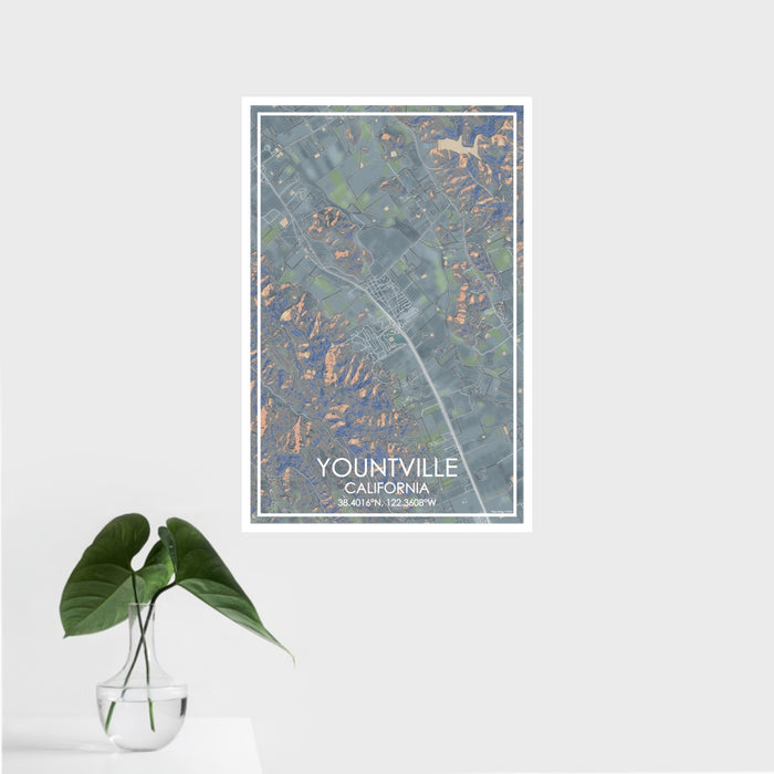 16x24 Yountville California Map Print Portrait Orientation in Afternoon Style With Tropical Plant Leaves in Water