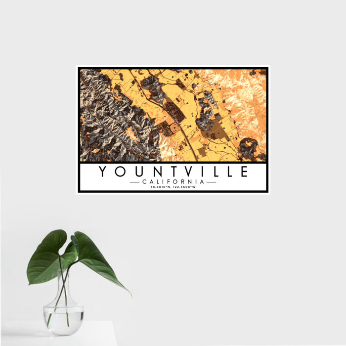 16x24 Yountville California Map Print Landscape Orientation in Ember Style With Tropical Plant Leaves in Water