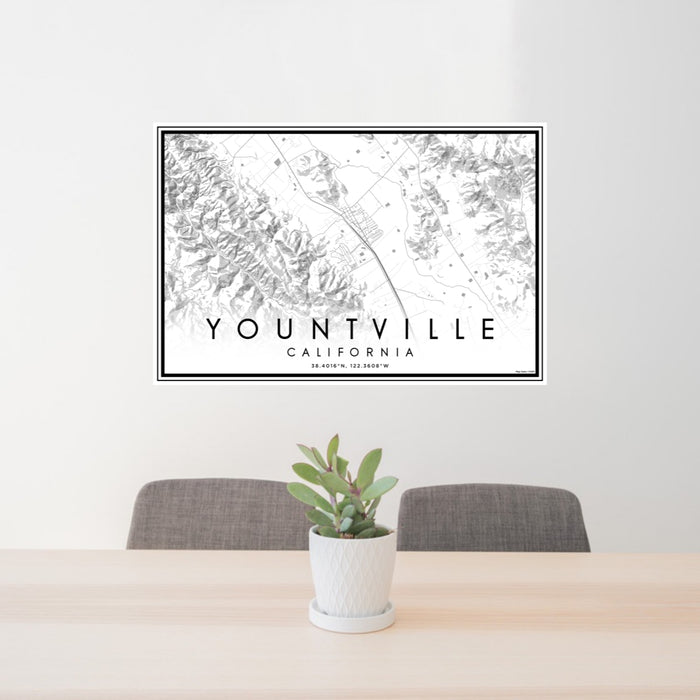 24x36 Yountville California Map Print Lanscape Orientation in Classic Style Behind 2 Chairs Table and Potted Plant