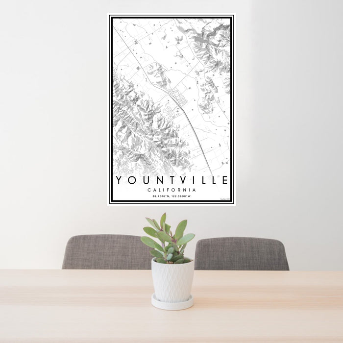 24x36 Yountville California Map Print Portrait Orientation in Classic Style Behind 2 Chairs Table and Potted Plant
