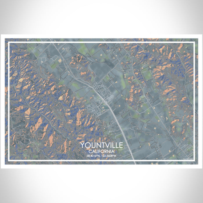 Yountville California Map Print Landscape Orientation in Afternoon Style With Shaded Background