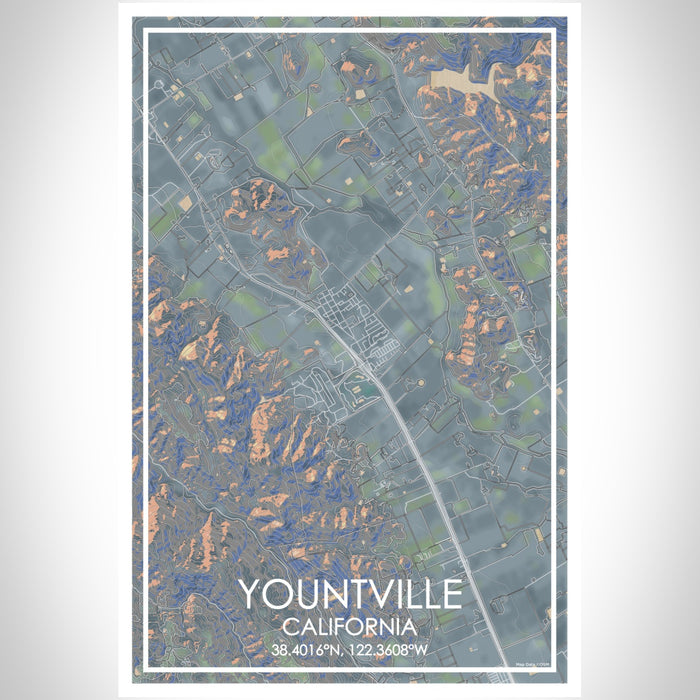 Yountville California Map Print Portrait Orientation in Afternoon Style With Shaded Background