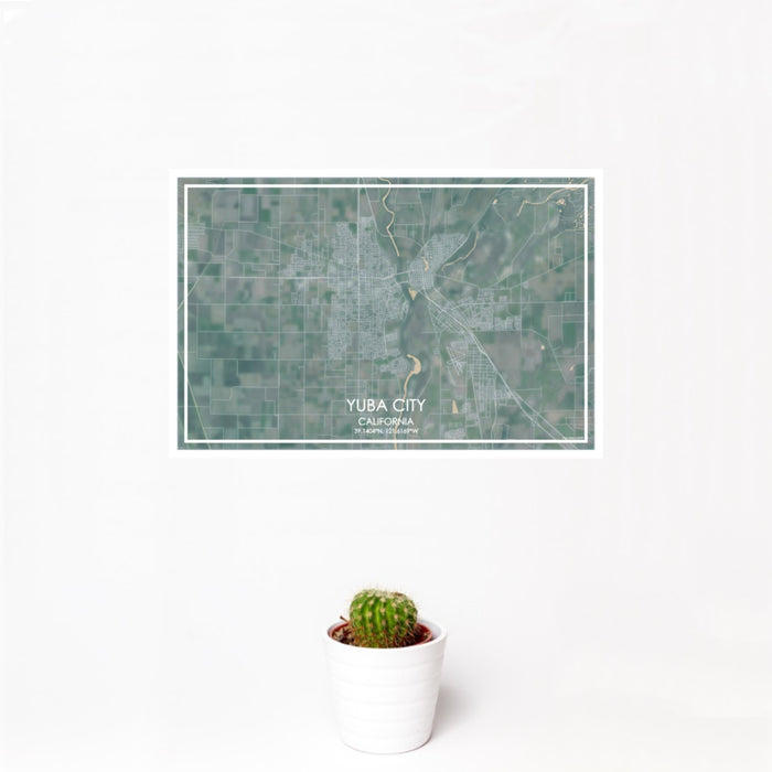 12x18 Yuba City California Map Print Landscape Orientation in Afternoon Style With Small Cactus Plant in White Planter