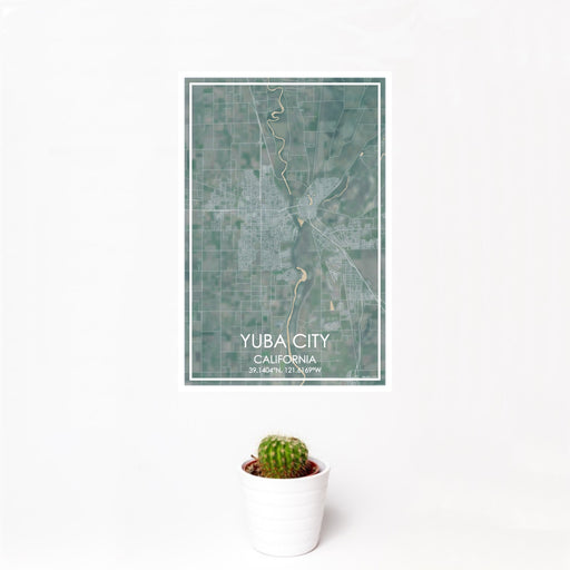 12x18 Yuba City California Map Print Portrait Orientation in Afternoon Style With Small Cactus Plant in White Planter