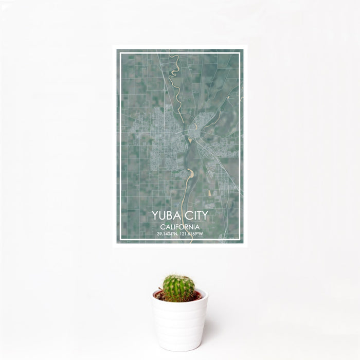 12x18 Yuba City California Map Print Portrait Orientation in Afternoon Style With Small Cactus Plant in White Planter
