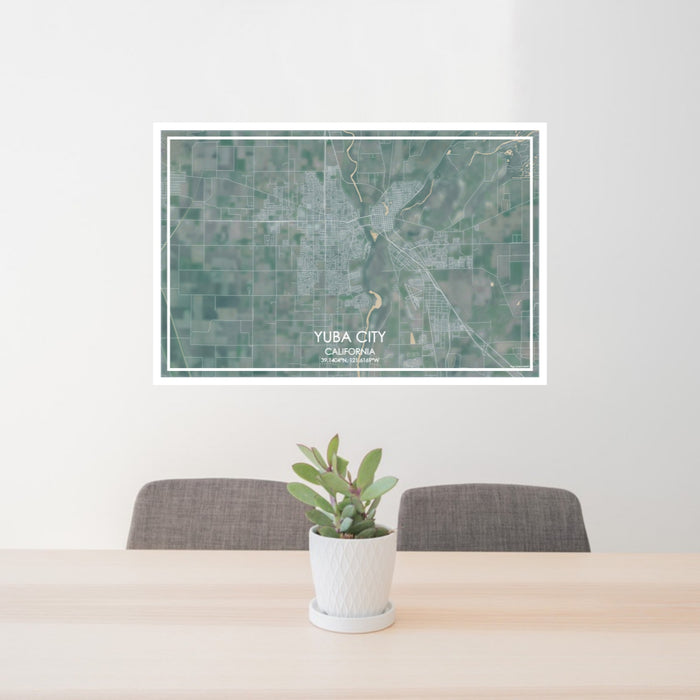 24x36 Yuba City California Map Print Lanscape Orientation in Afternoon Style Behind 2 Chairs Table and Potted Plant