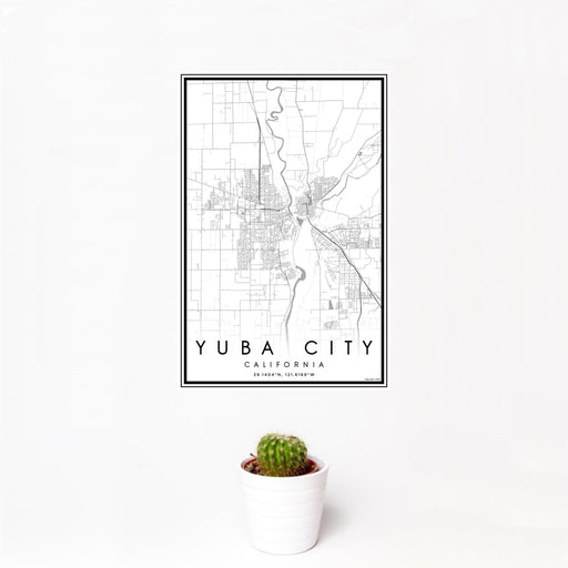 12x18 Yuba City California Map Print Portrait Orientation in Classic Style With Small Cactus Plant in White Planter