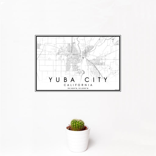 12x18 Yuba City California Map Print Landscape Orientation in Classic Style With Small Cactus Plant in White Planter