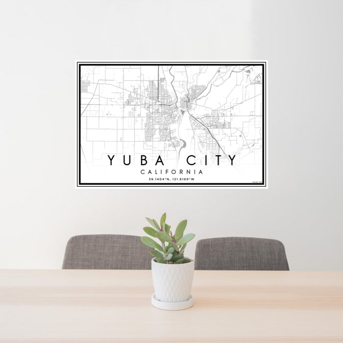 24x36 Yuba City California Map Print Landscape Orientation in Classic Style Behind 2 Chairs Table and Potted Plant