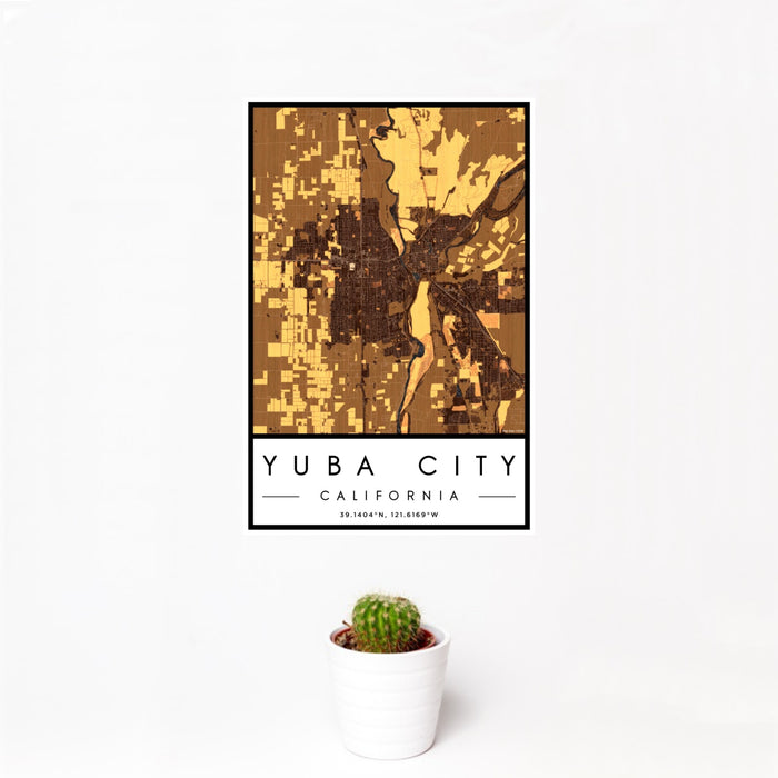 12x18 Yuba City California Map Print Portrait Orientation in Ember Style With Small Cactus Plant in White Planter