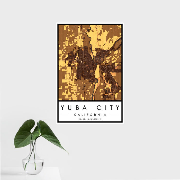 16x24 Yuba City California Map Print Portrait Orientation in Ember Style With Tropical Plant Leaves in Water
