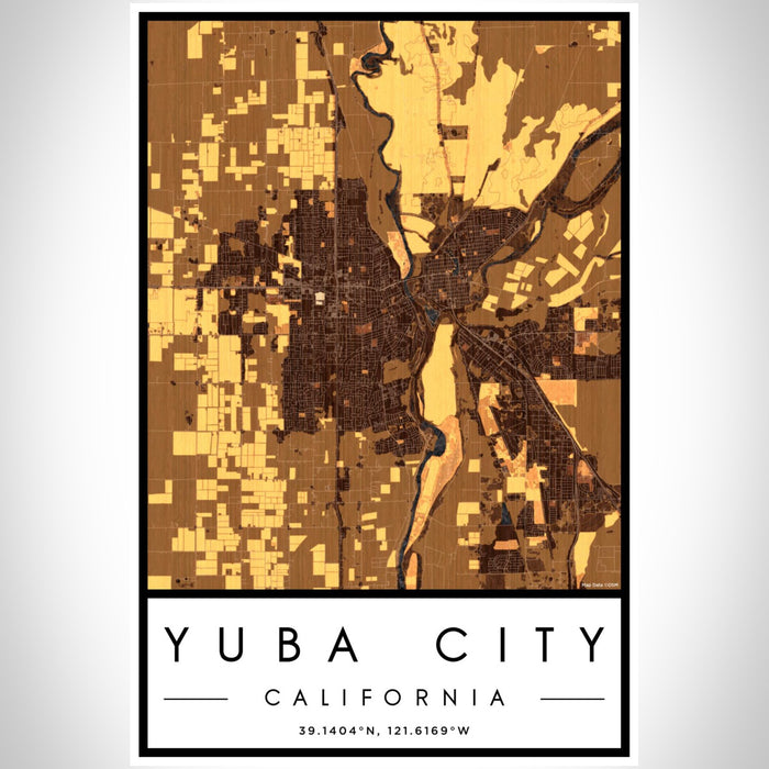 Yuba City California Map Print Portrait Orientation in Ember Style With Shaded Background
