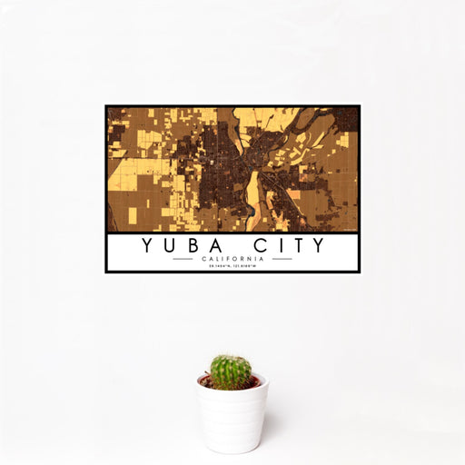 12x18 Yuba City California Map Print Landscape Orientation in Ember Style With Small Cactus Plant in White Planter