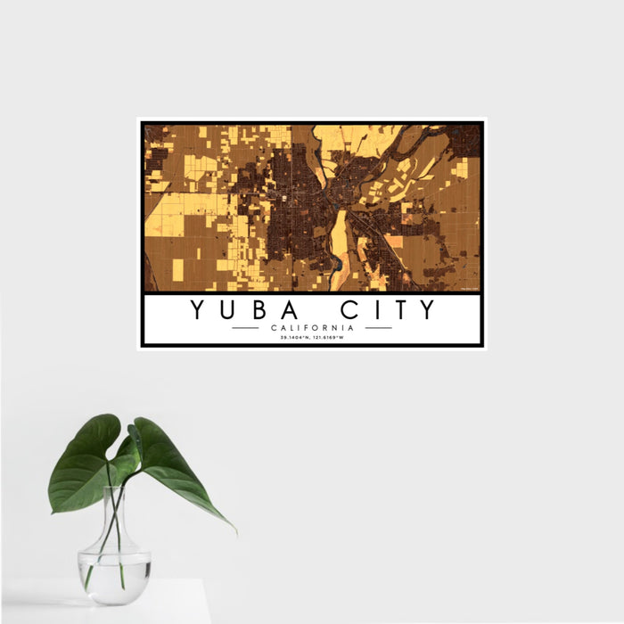 16x24 Yuba City California Map Print Landscape Orientation in Ember Style With Tropical Plant Leaves in Water