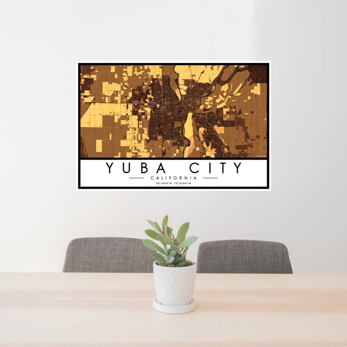 24x36 Yuba City California Map Print Landscape Orientation in Ember Style Behind 2 Chairs Table and Potted Plant