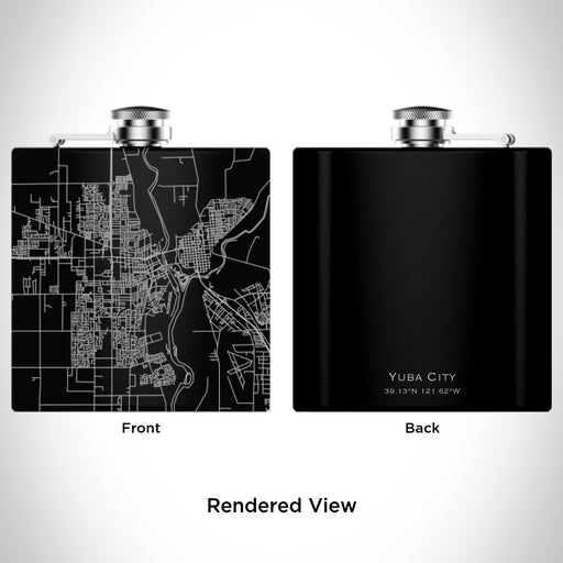 Rendered View of Yuba City California Map Engraving on 6oz Stainless Steel Flask in Black